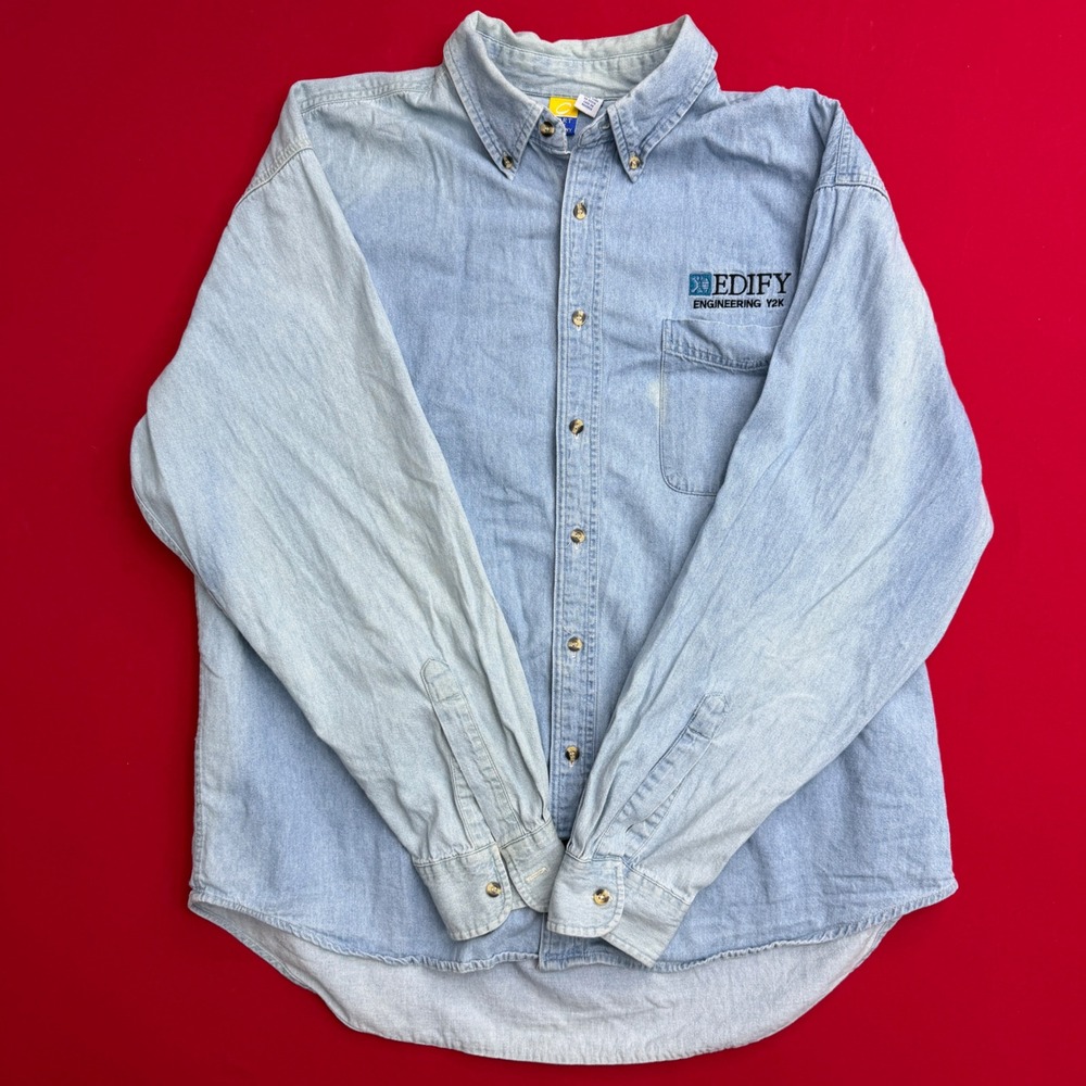 VTG Y2K Port and Company Mens XXL Denim Shirt Light Wash Edify Engineering‎ JEAN